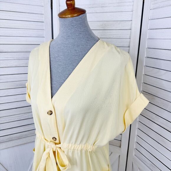 Zara Button Front Tie Waist Shirt Dress Yellow XS Cap Sleeve - Picture 7 of 14